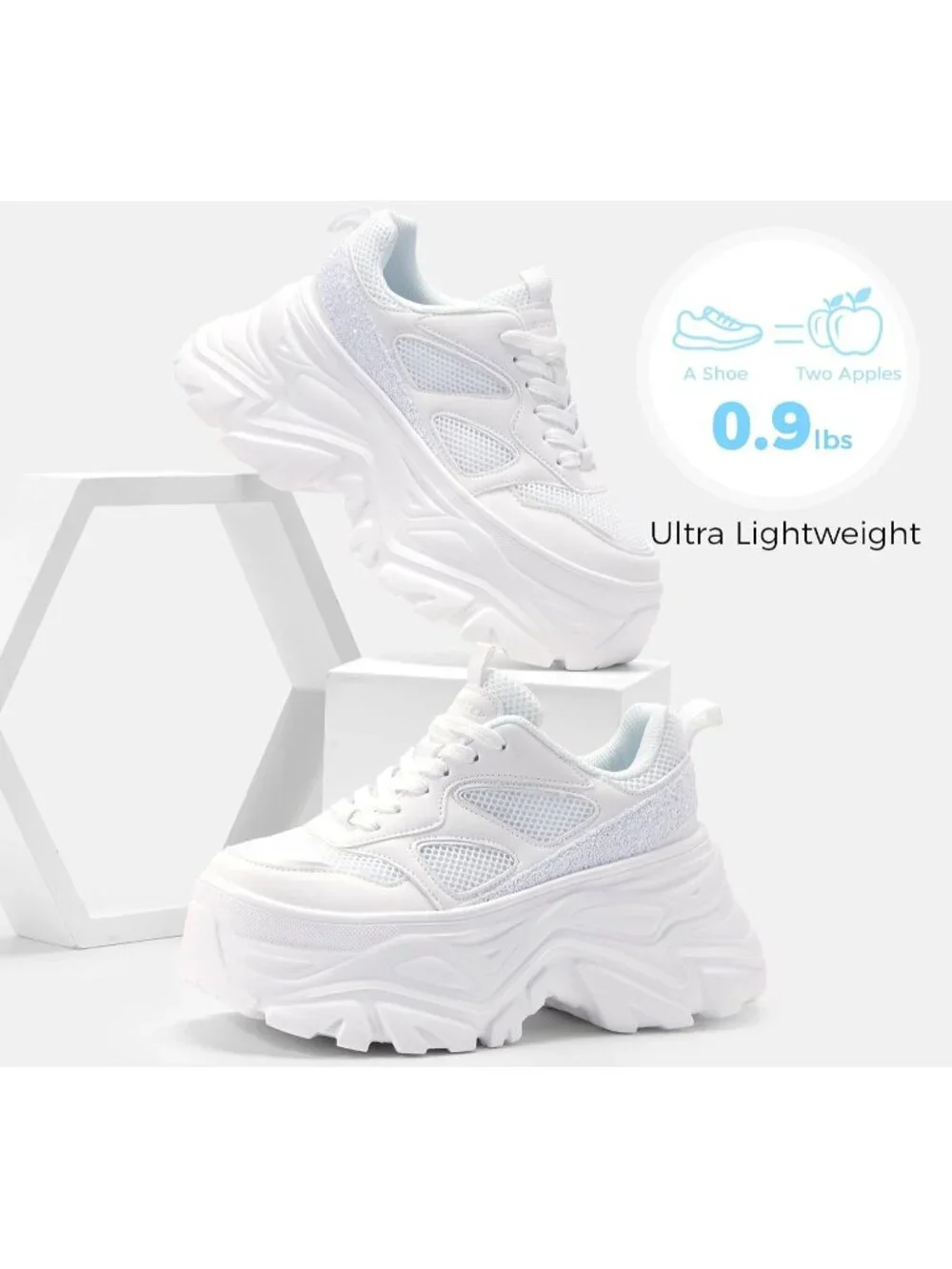 Women's White Rhinestone Breathable Chunky Lightweight Running Fashion Sneakers